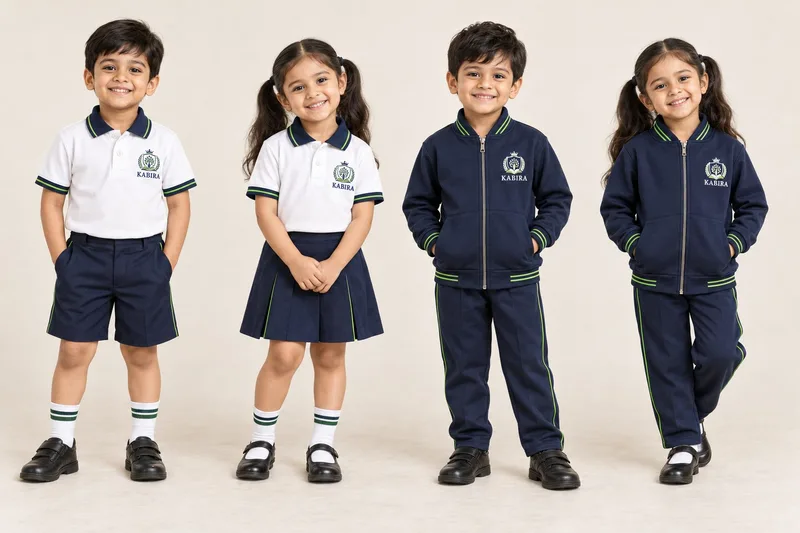 Full-length summer and winter Kabira uniform designs for boys and girls, with embroidered school crests